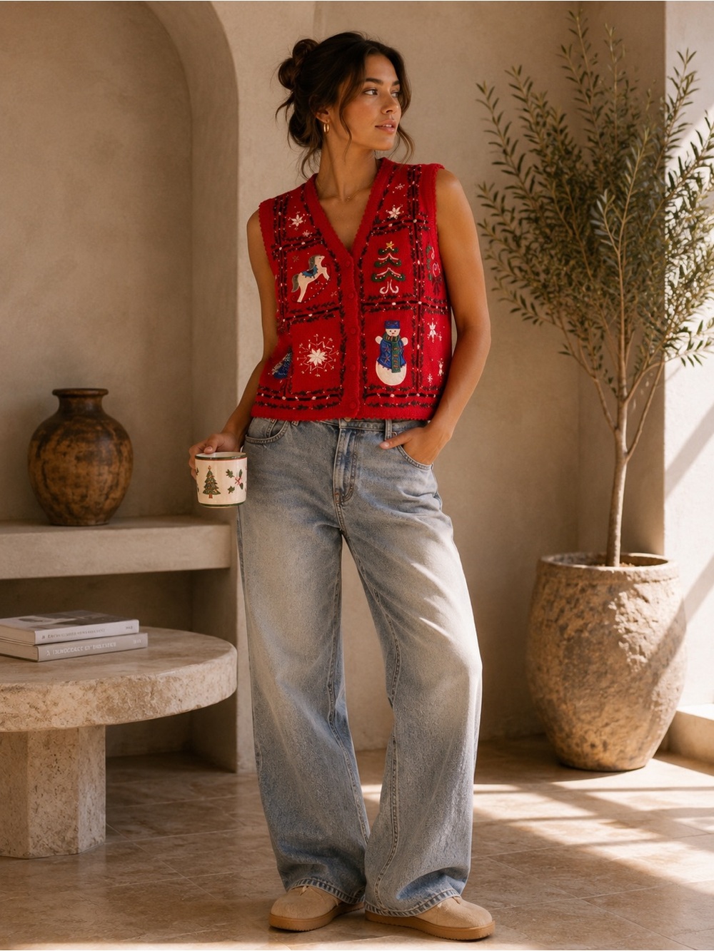 🌼 VTG Sun Li Joy Red Embroidered Holiday Vest